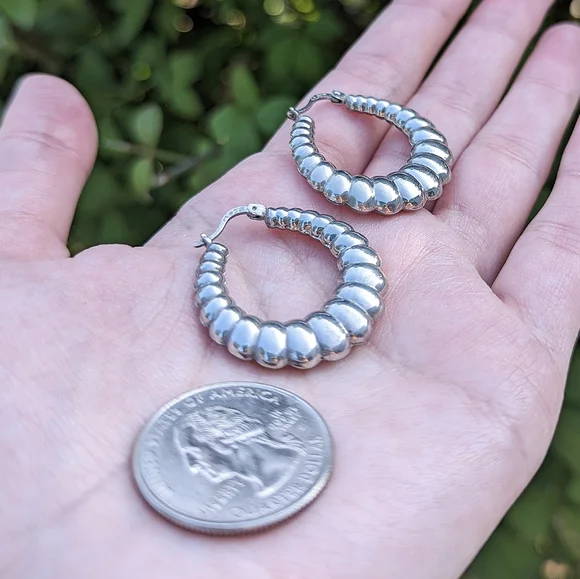 Vintage sterling silver 925 pierced earrings hollow shrimp hoops - Picture 2 of 5